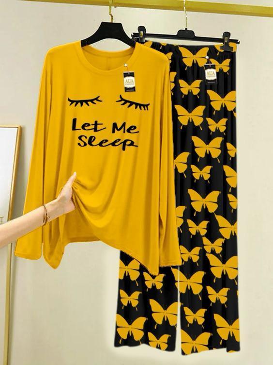 Women Printed Night Suit Yellow Butterfly Pattern 2 Pcs Cotton Jersey Sleepwear