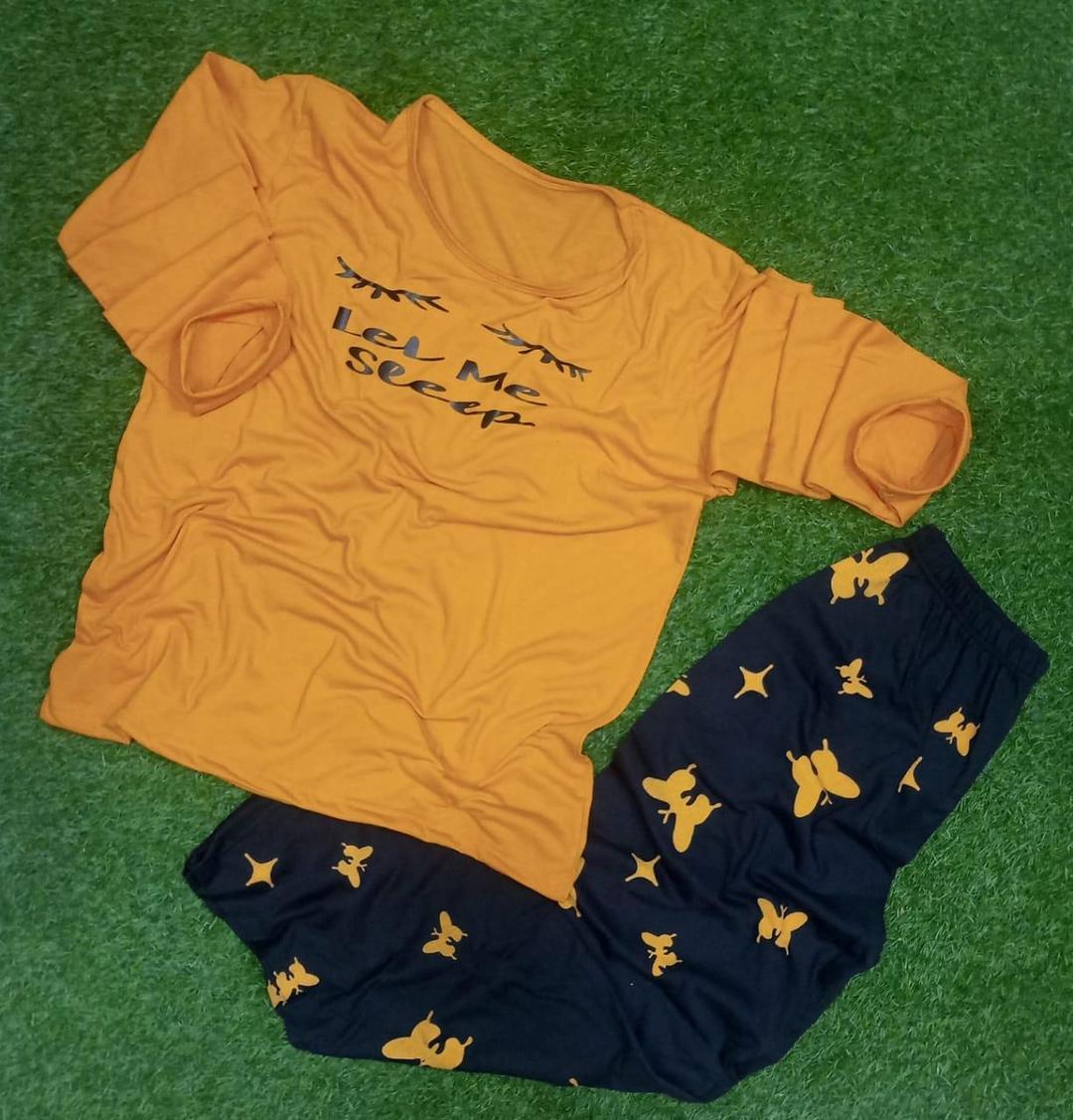 Women Printed Night Suit Yellow Butterfly Pattern 2 Pcs Cotton Jersey Sleepwear